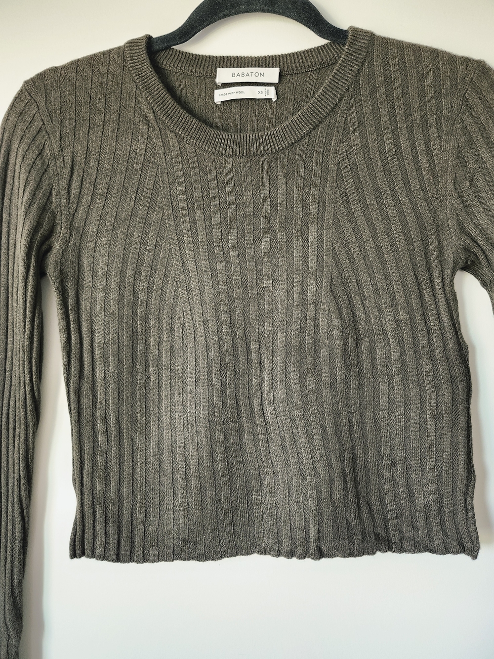 ARITZIA BABATON Olive Green Wool Linen Blend Ribbed Long-Sleeve Crewneck Top - Picture 5 of 7